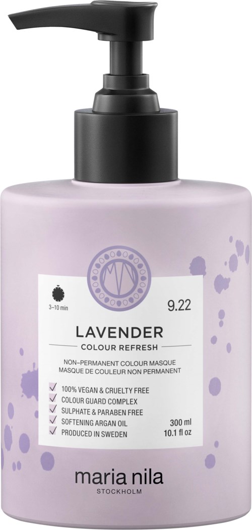 Lavendelfärgad sprutförpackning för tillfällig hårfärg med pump, märket Maria Nila, 300ml.