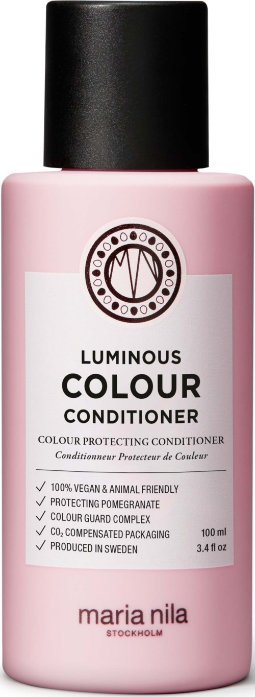 Pink bottle of Maria Nila Luminous Colour Conditioner, with black cap, provides color protection, vegan, and contains pomegranate.