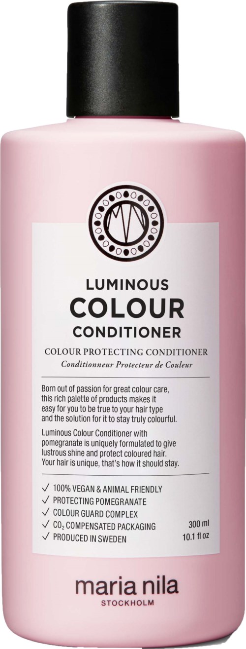 Pink bottle of Maria Nila Luminous Colour Conditioner for hair protection and shine.