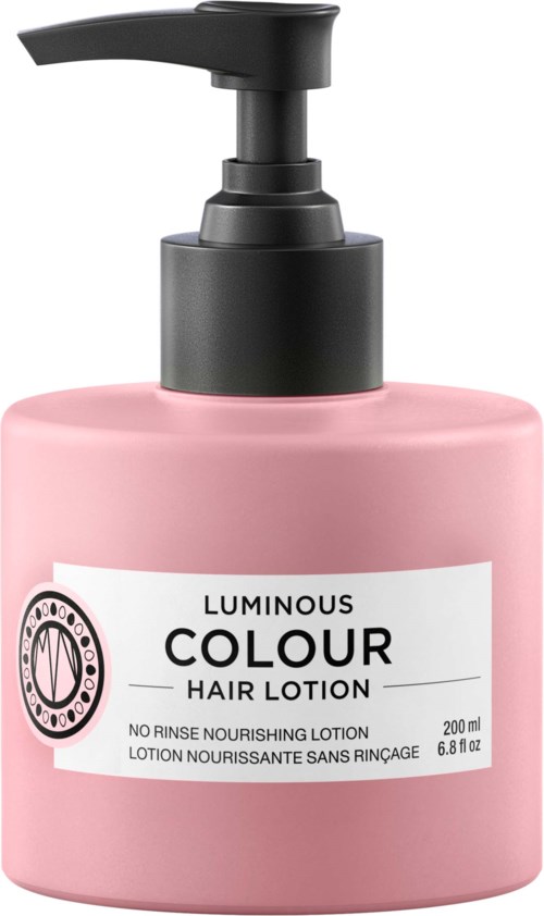 En rosa flaska med svart pump märkt Luminous Colour Hair Lotion. Det är en närande hårprodukt.