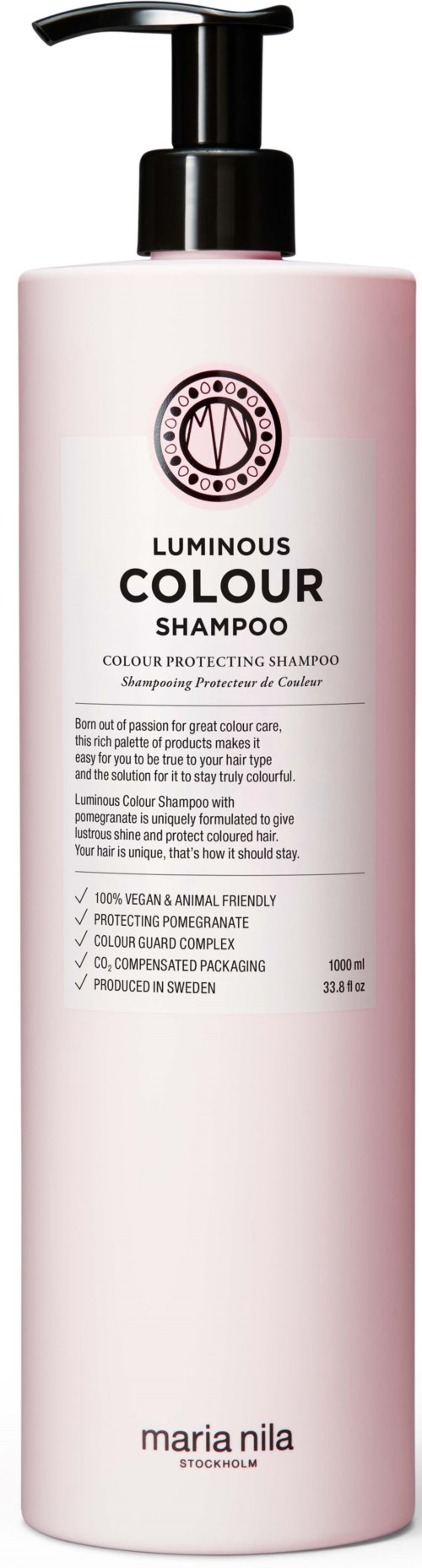 Pink shampoo bottle with a pump, labeled 'Luminous Colour Shampoo' and 'Maria Nila' at the bottom.