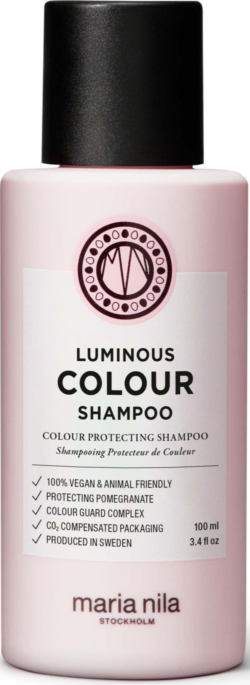 Pink bottle of Maria Nila Luminous Colour Shampoo with black cap, features product details and logos.