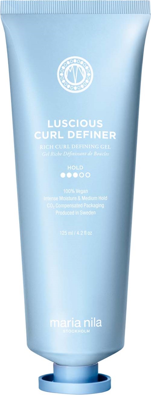 A light blue tube of curl defining gel with white text, featuring a round logo and a blue cap.