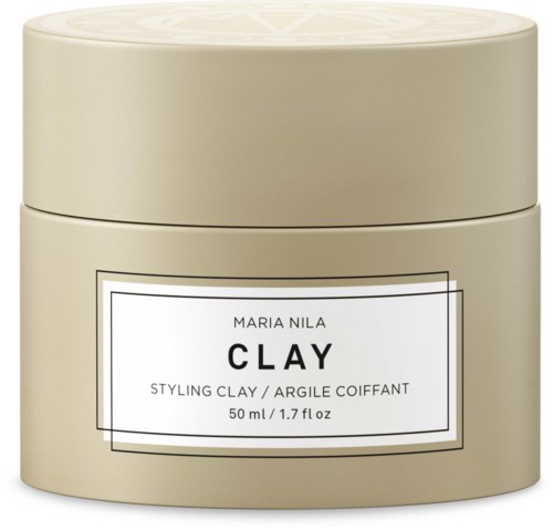 En beige behållare med etikett för Maria Nila Clay styling clay, 50 ml, 1,7 fl oz.