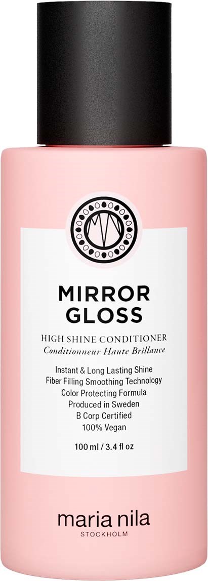 En rosa flaska med hårbalsam och svart lock, märkt Maria Nila Mirror Gloss, 100 ml.