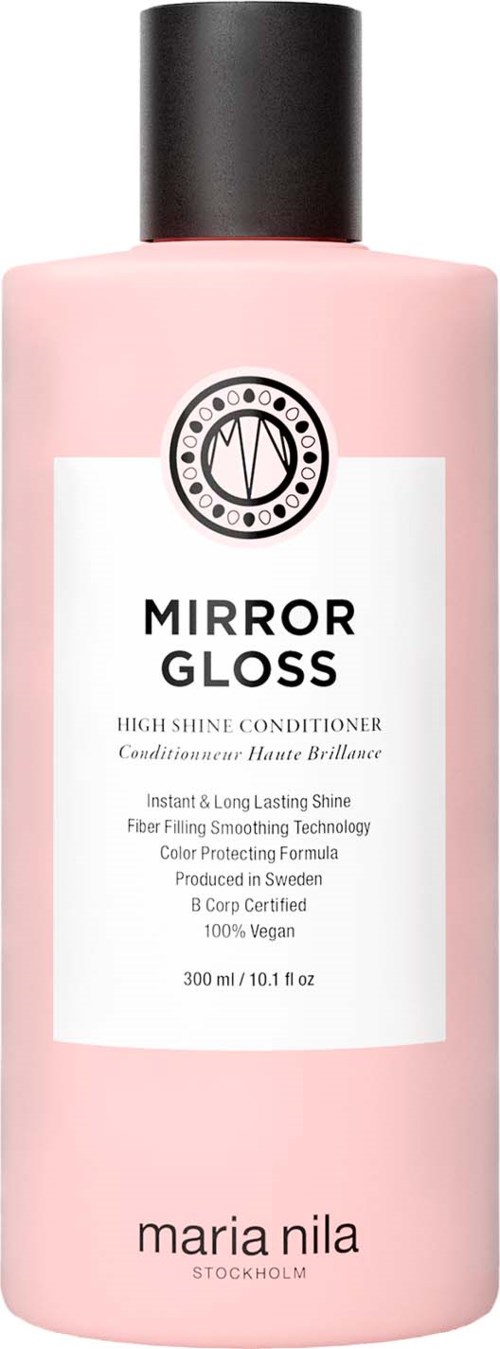En rosa flaska med hårbalsam med svart lock, märkt Mirror Gloss, som framhäver glans och färgbeskydd.