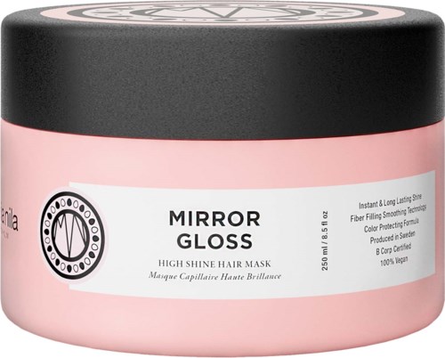 En rosa burk med svart lock innehåller högglansigt hårmask kallad Mirror Gloss, avsedd för glansigt, fint hår.