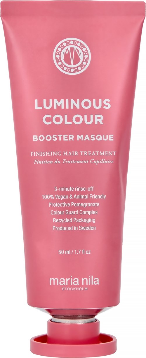 Pinkki putki, jossa tekstiä Luminous Colour Booster -hiusmaskista, valmistaja Maria Nila Ruotsista.
