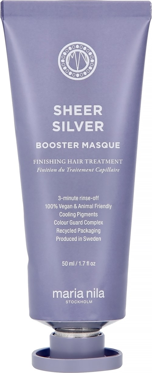 Sheer Silver Booster Masque for hair, vegan, with cooling pigments, in a purple tube from Maria Nila, Sweden.