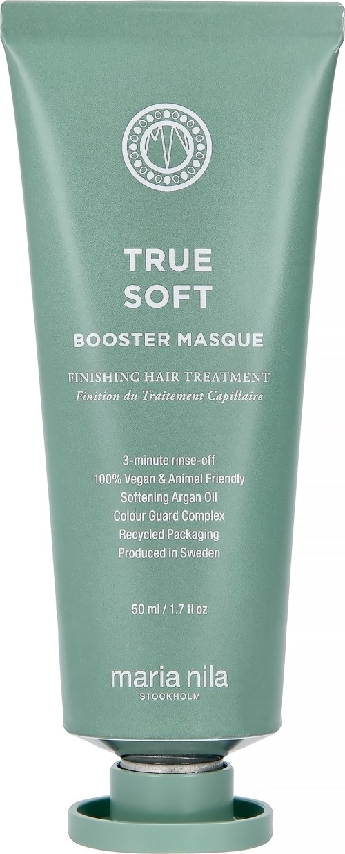 Groene tube haarverzorgingsproduct met witte tekst, merk Maria Nila, genaamd True Soft booster masque.