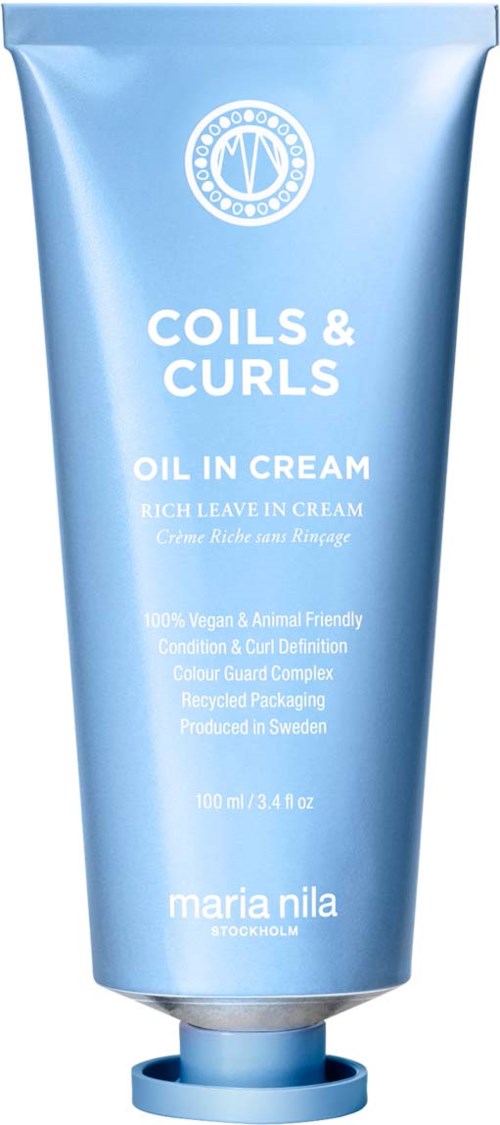 Blue tube of hair curl cream with white text, brand name Maria Nila, vegan and cruelty-free.