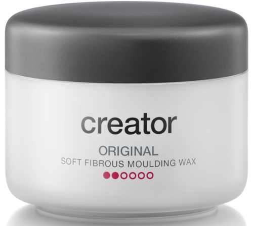 Ein weißer Behälter mit schwarzem Deckel, beschriftet 'creator' und 'soft fibrous moulding wax'.