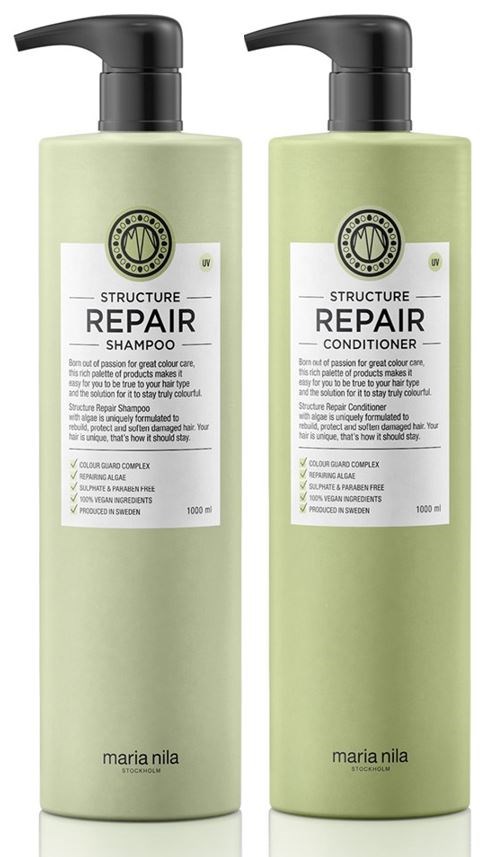Two light green bottles labeled 'SHAMPOO' and 'CONDITIONER' are shown, with black pump caps. They are from Maria Nila, for hair repair.