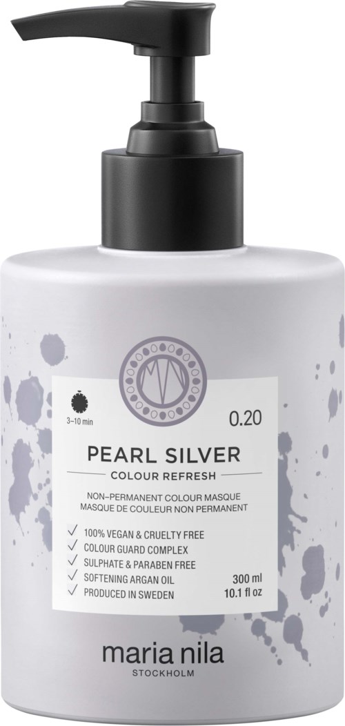 Eine weiße Flasche mit schwarzem Pumphahn, gekennzeichnet 'Pearl Silver', für Haarfarbe, enthält 300 ml.