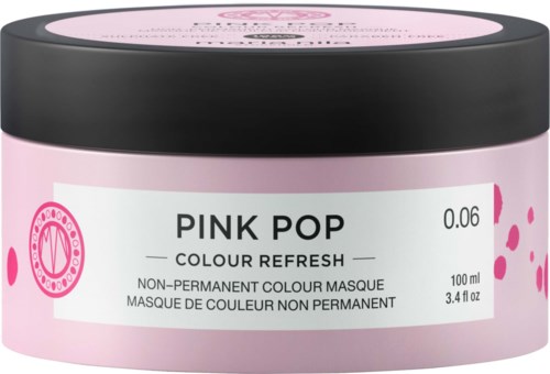 En rosa och vit behållare för hårfärg, märkt "Pink Pop," med information om tillfällig färg och volym.
