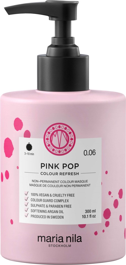 Pink bottle with a black pump, labeled 'Pink Pop' non-permanent color mask, 300ml, from Maria Nila.