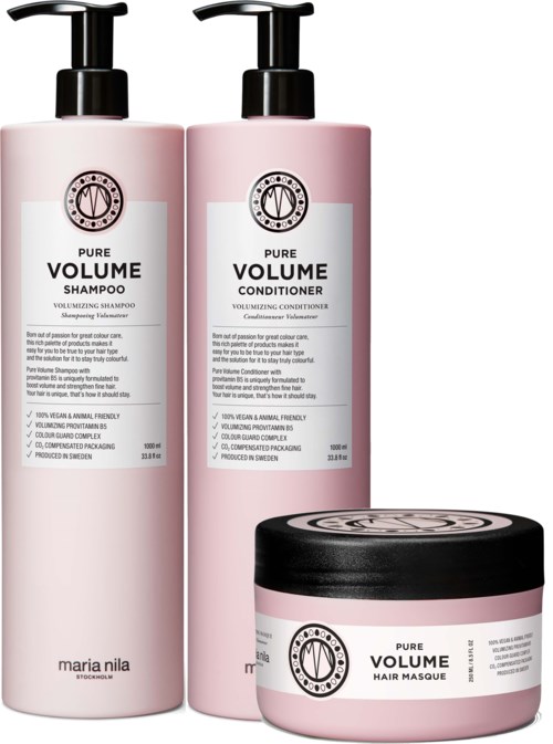 Drei pinke Haarpflegeprodukte: Shampoo, Conditioner und Haarmaske aus der Pure Volume Serie. Jedes hat eine schwarze Pumpe oder Deckel.