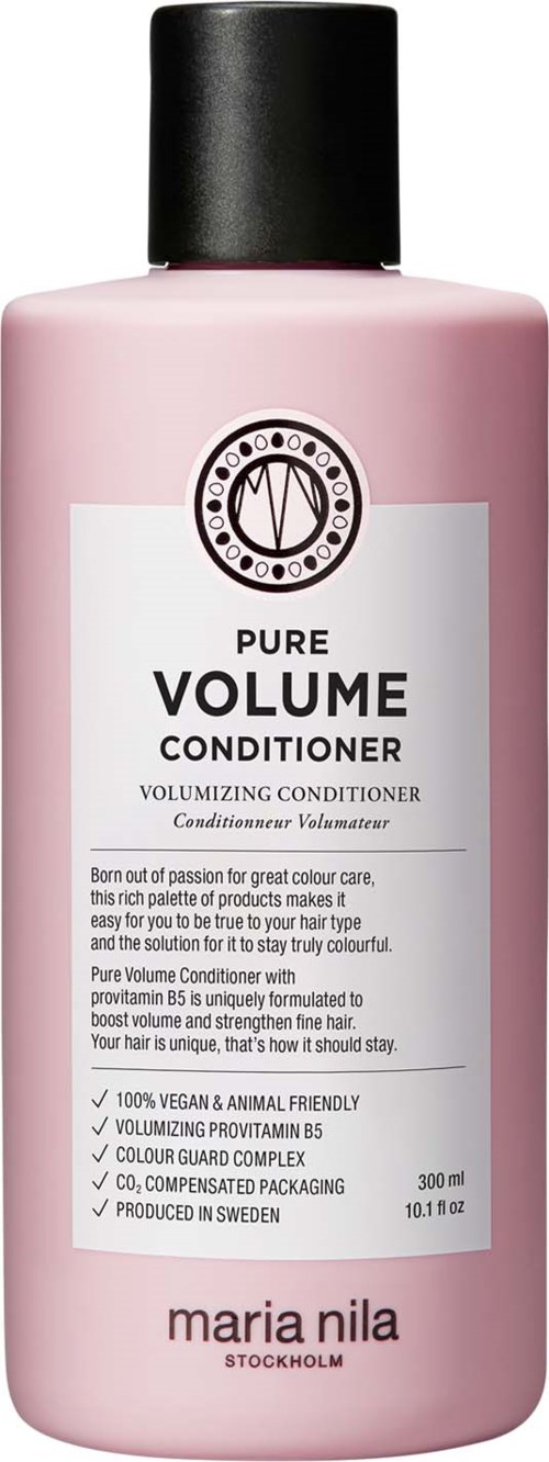 Een roze flesje met Pure Volume Conditioner van Maria Nila met zwarte dop.