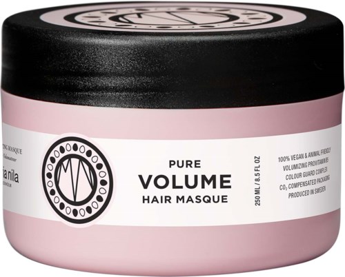 Roscfarbener Haarmaske-Behälter mit schwarzem Deckel, beschriftet Pure Volume Hair Masque, vegan, pflegend, schweizerisch hergestellt.