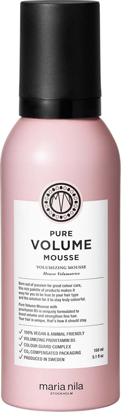 Pink bottle of Maria Nila Pure Volume Mousse for adding volume to hair.