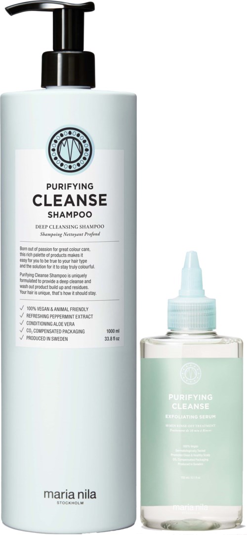 Eine große weiße Flasche mit Reinigungs-Shampoo und eine kleinere klare Flasche mit Tropfer. Beide haben weiße Etiketten.