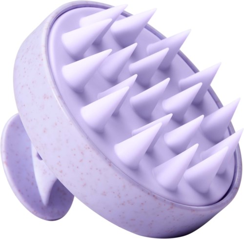Een paarse hoofdhuidmassager met veel stekels en een handvat voor gemakkelijk vasthouden.