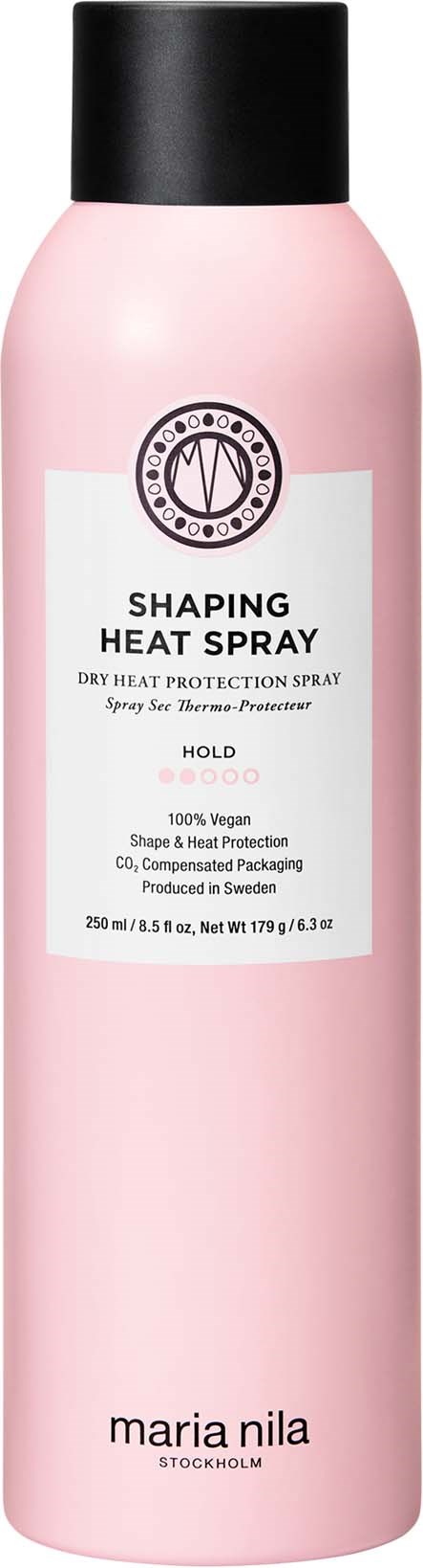 A pink bottle of heat spray for hair, with a black cap and white label, named Maria Nila.