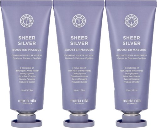 Drei lila Tuben mit Sheer Silver Booster Masque für Haarpflege, jeweils 50 ml, von Maria Nila.