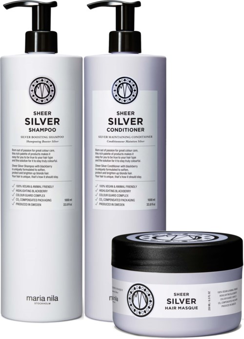 Tre hårvårdsprodukter: ett schampo, balsam och hårinpackning, alla märkta "Sheer Silver" med svarta lock och vita flaskor.