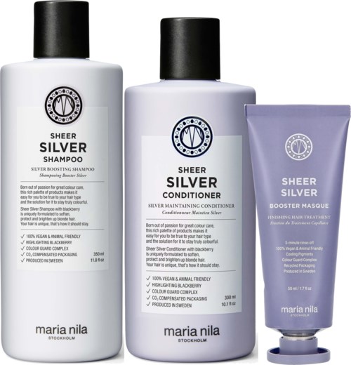 Drei Haarpflegeprodukte: ein Silbershampoo, Conditioner und Booster-Maske von Maria Nila, alle für blondes Haar.