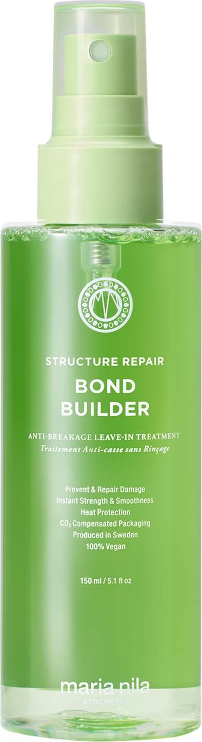 Eine grüne Sprühflasche mit Bond Builder für Haarglättung und -stärkung. Enthält 150 ml Produkt.