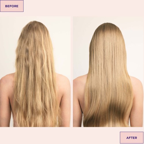 Der Vergleich zeigt Haare vor und nach dem Glätten, die im Nachbild glatter und glänzender aussehen.