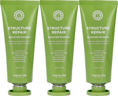 Drei grüne Tuben von Maria Nila Structure Repair Booster-Maske für Haare, stehen aufrecht mit Deckel nach unten.