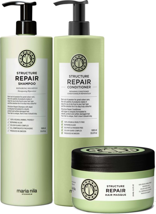 Three green bottles and a jar of hair repair products from Maria Nila, including shampoo, conditioner, and hair masque.