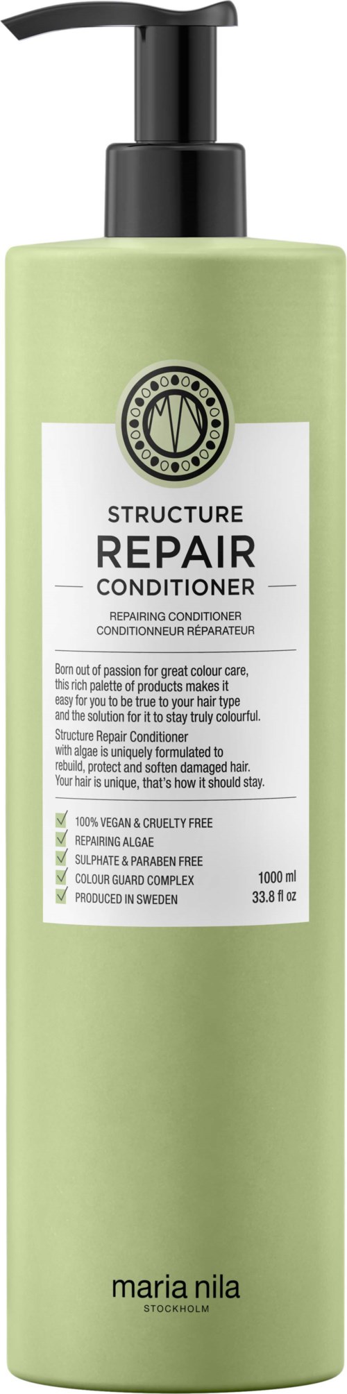 Green bottle of Maria Nila Structure Repair Conditioner with a pump, text title, and description on a white label.
