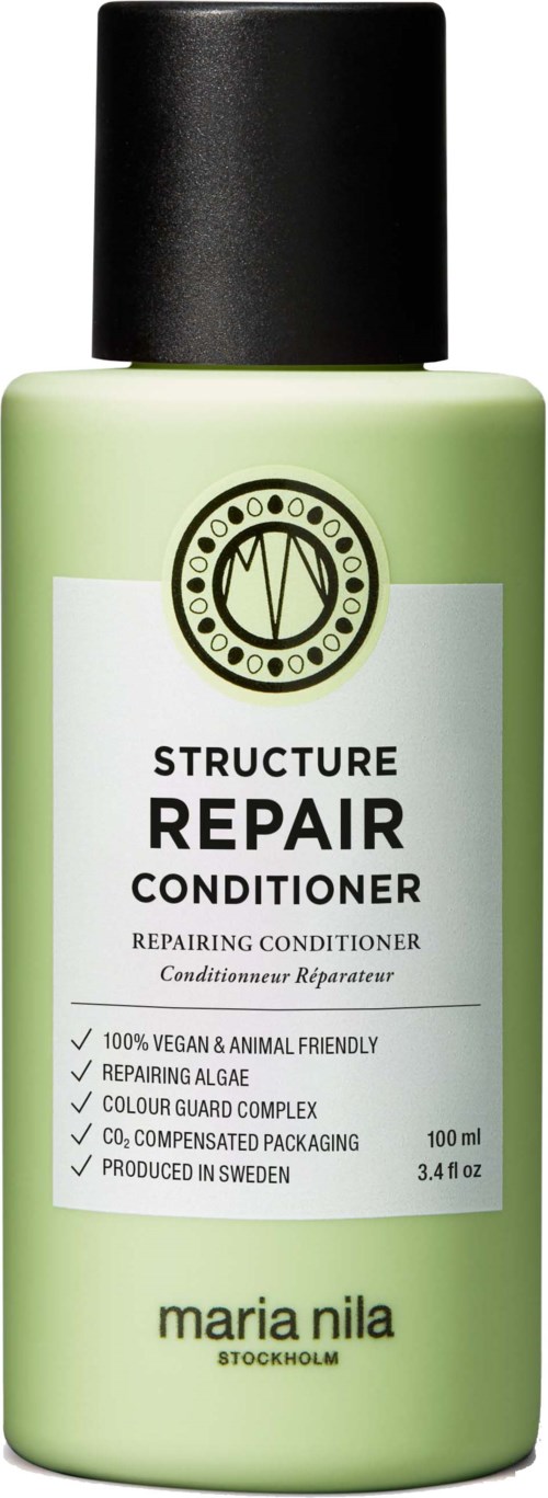 Green bottle of Maria Nila Structure Repair Conditioner with black cap.