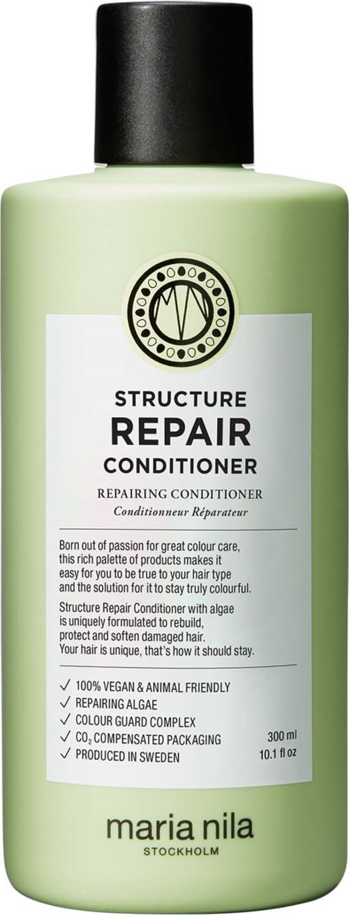 Groene fles met zwarte dop gemerkt als Structuurherstel Conditioner voor haarverzorging.