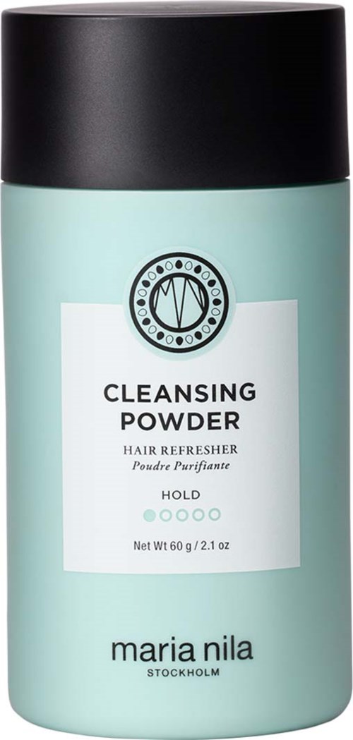 A light green container with a black lid labeled 'Cleansing Powder' for hair, from Maria Nila. Net weight 60 grams.
