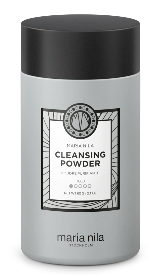 A cylindrical container with a black lid, labeled 'Cleansing Powder' by Maria Nila.