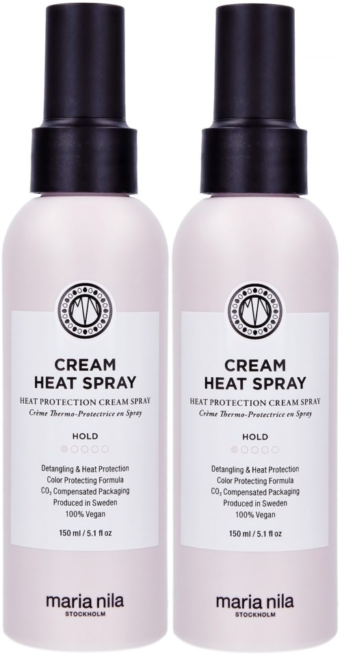 Två flaskor Maria Nila Cream Heat Spray för värmeskydd och styling, 150 ml vardera, med svarta lock.