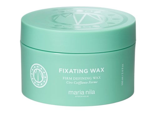 Eine runde, türkise Dose mit 'Fixing Wax' für Haarstyling, Marke 'maria nila' und 100 ml.