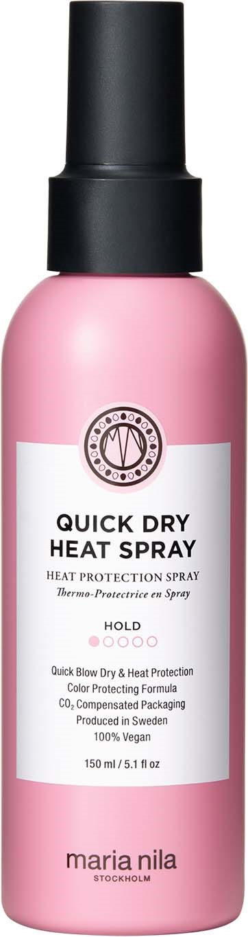 Pink spray bottle labeled Quick Dry Heat Spray for hair protection. Brand is Maria Nila, made in Sweden.