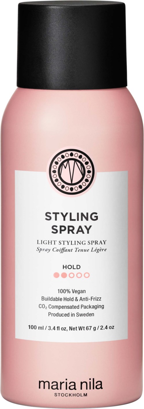 Pink bottle with black cap labeled as styling spray for hair, from Maria Nila, Stockholm, contains light styling spray.