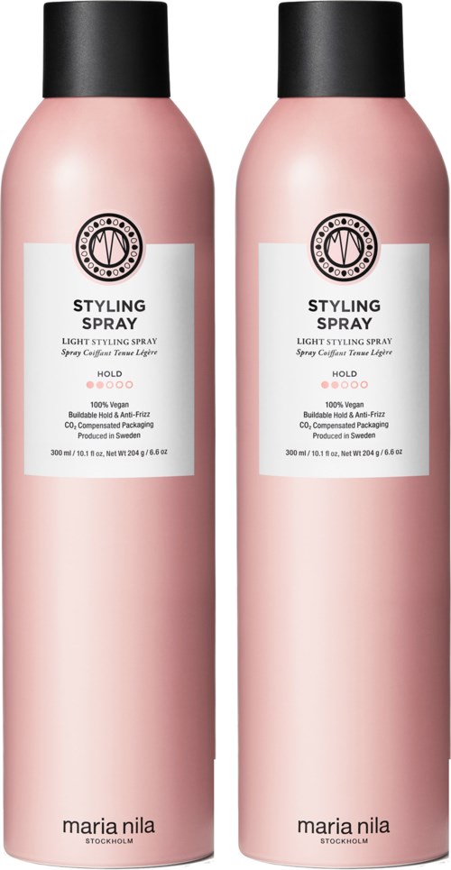 Two pink bottles labeled 'Styling Spray' stand side by side with black caps. They are hair styling products from Maria Nila.