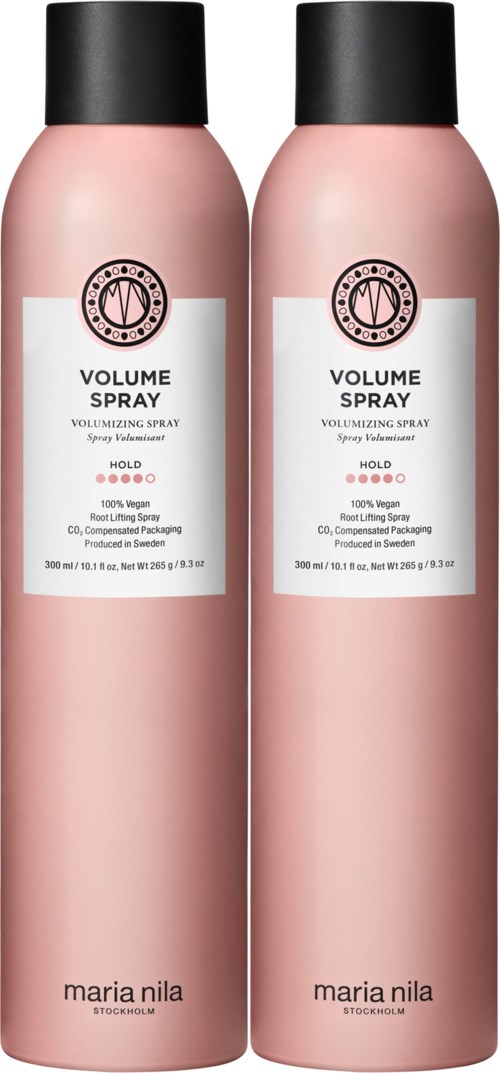 Two pink bottles labeled 'Volume Spray' with black caps, designed for hair styling.