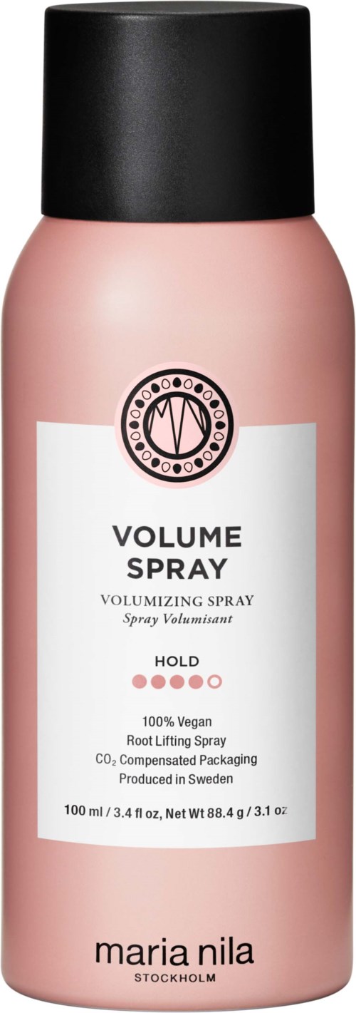 A pink bottle of volume spray with black cap, labeled as vegan and for root lifting, from Maria Nila.