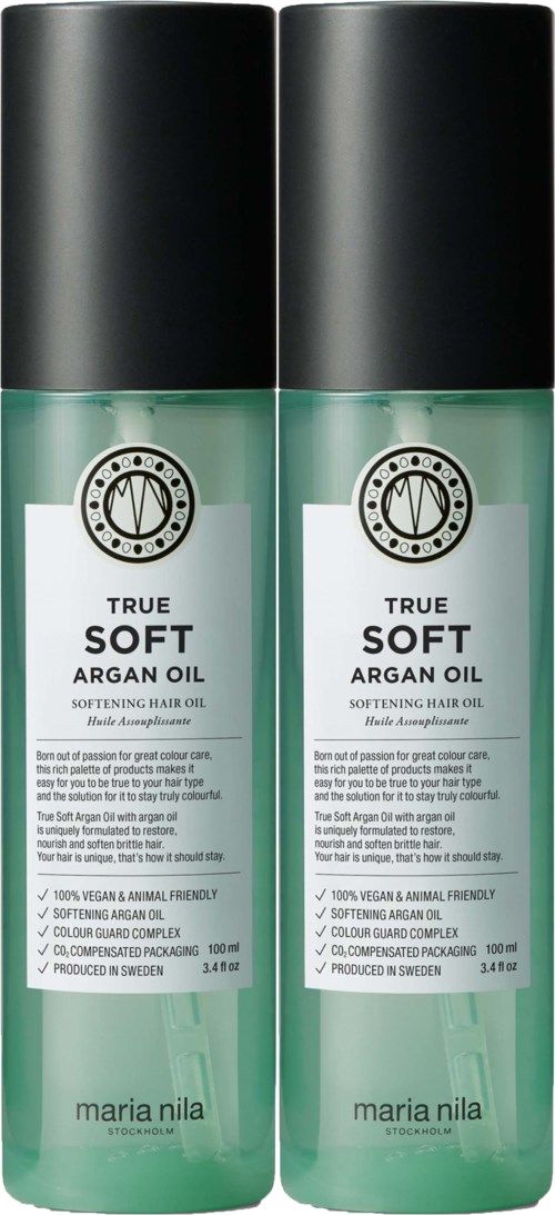 Two bottles of argan oil hair serum with black caps and white labels, positioned side by side.