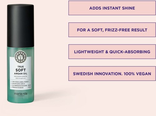 Productomschrijving voor arganolie fles die glans, zachtheid, lichtgewicht, vegan en snelle opname benadrukt.