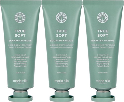 Tre gröna tuber med hårvårdsprodukt som heter "True Soft Booster Masque" står bredvid varandra.
