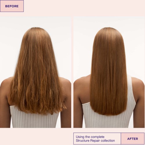 Persoon met lang, recht, glanzend en glad haar, draagt een witte mouwloze top, getoond voor en na haarverzorging.